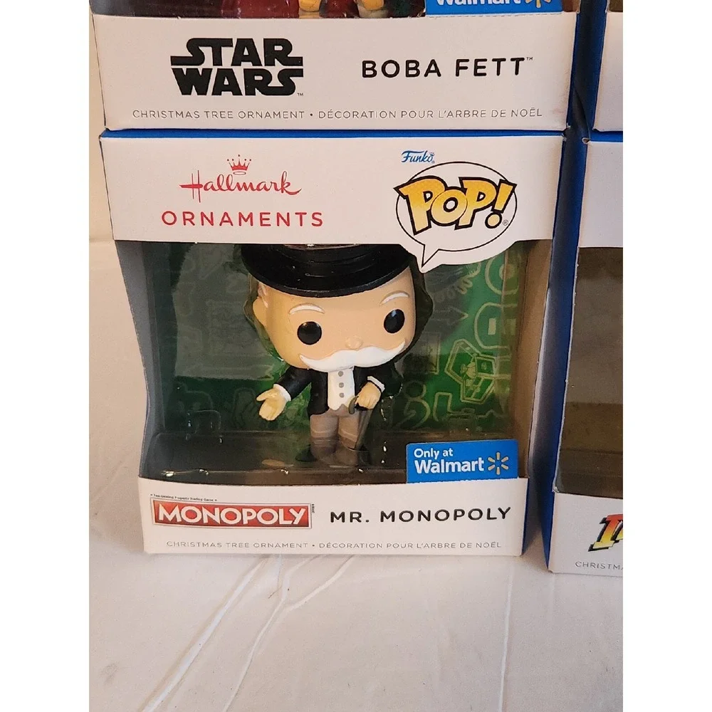 Hallmark Funko Pop Ornaments Indiana Jones(2)  Mr Monopoly Boba Fett 4 Total New